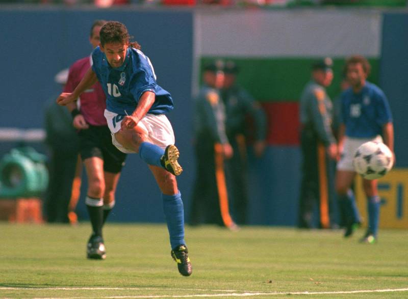 13 Jul 1994: ROBERTO BAGGIO SCORES THE FIRST OF HIS GOALS AGAINST BULGARIA DURING THEIR 1994 WORLD CUP SEMI FINAL MATCH AT GIANTS STADIUM IN EAST RUTHERFORD, NEW JERSEY.