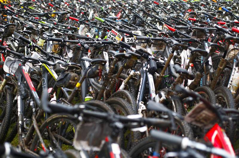 Mountain bikes are packed in an enclosure prior to being washed at the end of Stage 1 of the Absa Cape Epic mountain bike race on Monday. Nic Bothma / EPA