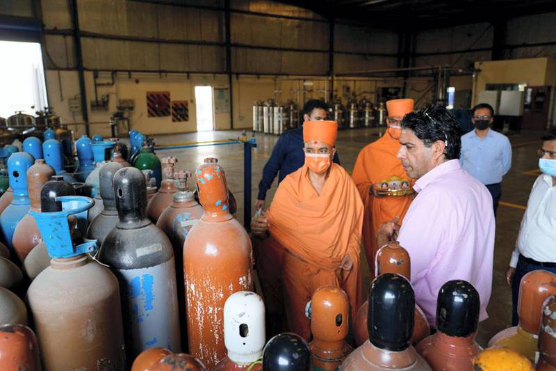 About 600 oxygen cylinders are being shipped to India from Dubai along with two tanks with 44 metric tons of liquid oxygen by the Baps Hindu temple in Abu Dhabi. Courtesy: Baps Hindu Mandir