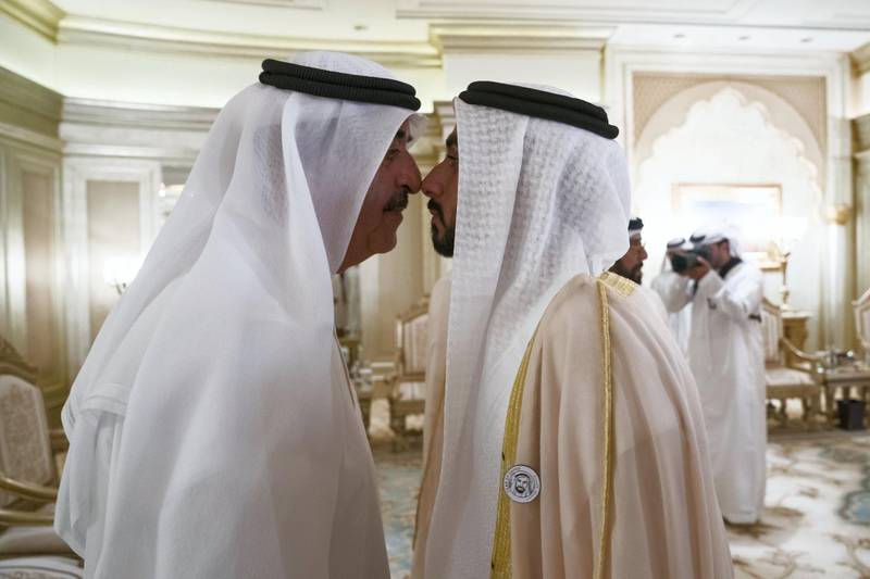 ABU DHABI, UNITED ARAB EMIRATES -  February 21, 2018: HH Sheikh Saud bin Rashid Al Mu'alla, UAE Supreme Council Member and Ruler of Umm Al Quwain (L), attends the wedding of Abdullah Saeed bin Omeir Al Mehairi (R), who is marrying the daughter of HE Jaber Al Suwaidi, General Director of the Crown Prince Court - Abu Dhabi (not shown). Seen at Emirates Palace.
( Ryan Carter for the Crown Prince Court - Abu Dhabi )
---