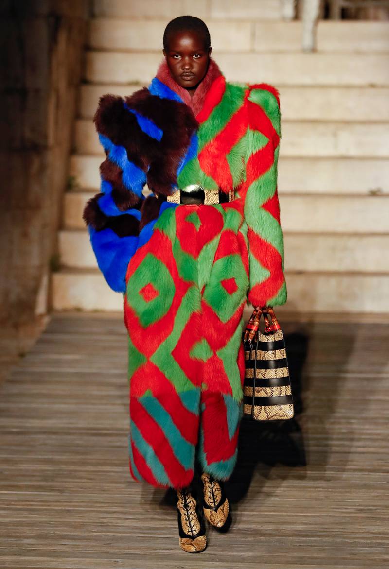 A pieced, diamond-patterned faux fur coat, for Gucci resort 2023. Photo: Gucci