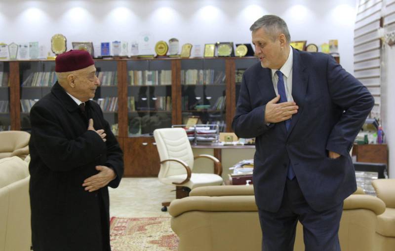 UN Special Envoy for Libya, Jan Kubis meet with Aguila Saleh, Libya's parliament president in Al-Qubba, Libya, February 17, 2021. The Media Office of the Libyan parliament/Handout via REUTERS ATTENTION EDITORS - THIS IMAGE WAS PROVIDED BY A THIRD PARTY. NO RESALES. NO ARCHIVES