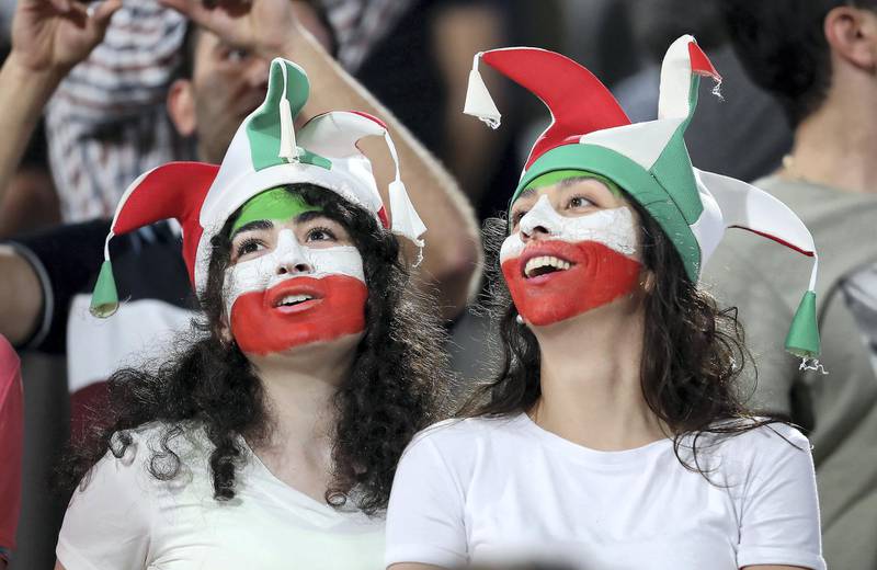 ABU DHABI , UNITED ARAB EMIRATES , January 24 – 2019 :- Fans of Iran celebrating after Iran scored the 2nd goal in the AFC Asian Cup UAE 2019 football quarter final match between China vs Iran held at Mohammed Bin Zayed Stadium in Abu Dhabi. ( Pawan Singh / The National ) For News/Sports