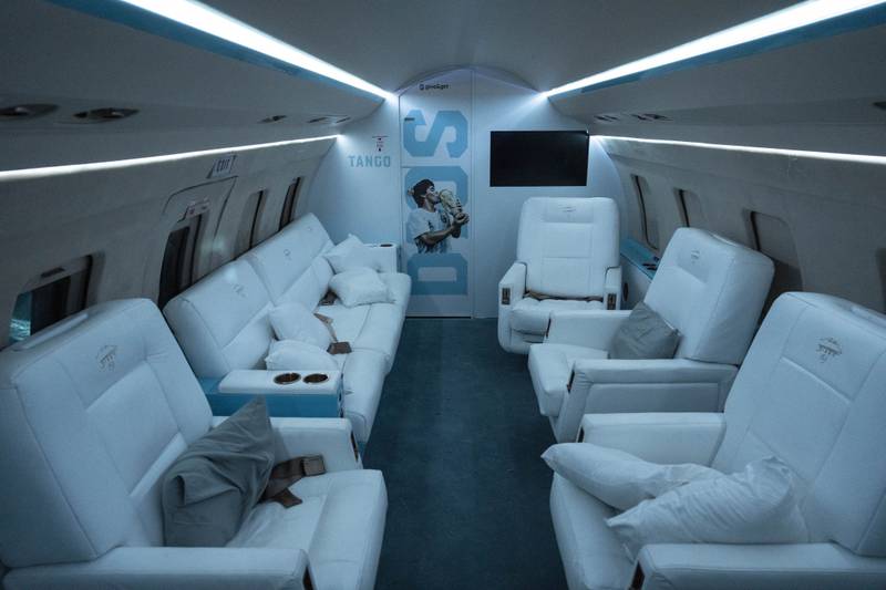 The interior of the plane dedicated to the late Diego Maradona. AP