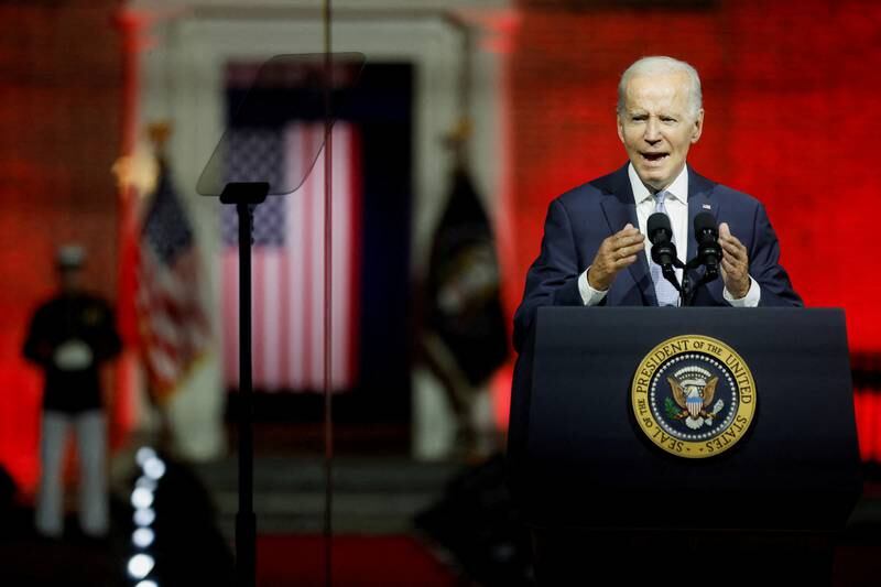 US President Joe Biden delivers remarks on what he calls the "continued battle for the Soul of the Nation" in Philadelphia, on September 1. Reuters