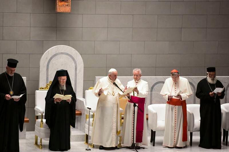 Pope Francis leads Mass at the Cathedral of Our Lady of Arabia, in Bahrain. Khushnum Bhandari / The National
