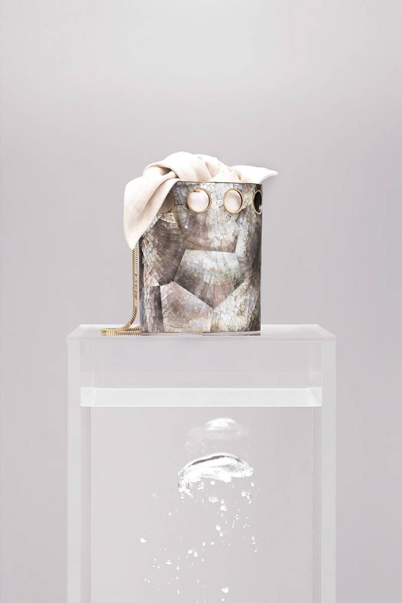 This mother of pearl mosaic bag by Nathalie Trad. Courtesy Nathalie Trad