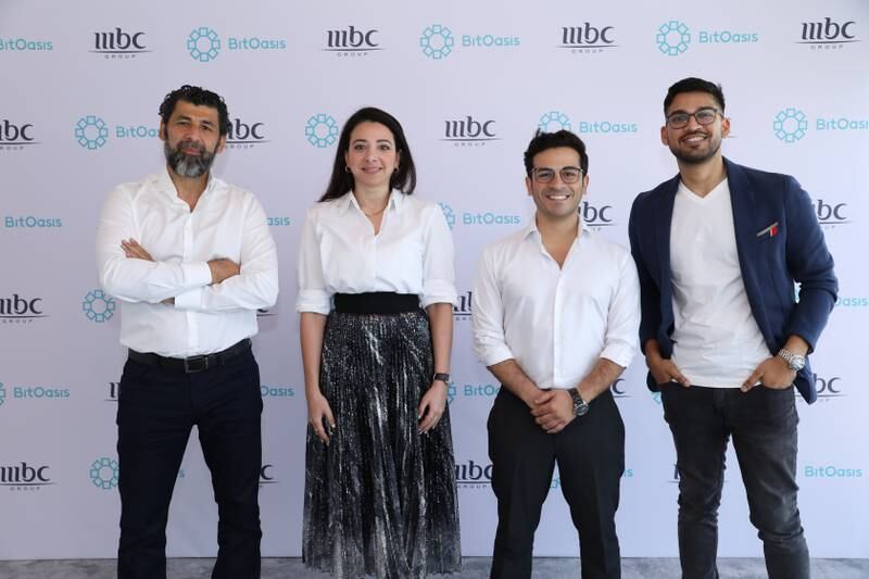 From left, Fadel Zahreddine, group director of emerging media at MBC Group; Ola Doudin, chief executive and co-founder of BitOasis; Aref Abed, mobile business manager at MBC; and Vipin Sasidharan, growth and brand manager of BitOasis, during the signing of the cryptocurrency awareness agreement in Dubai. Photo: BitOasis