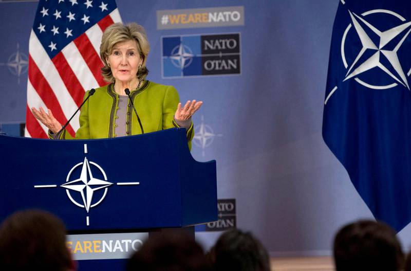 US Ambassador to NATO Kay Bailey Hutchison speaks during a media conference at NATO headquarters in Brussels on Tuesday, Nov. 7, 2017. Ambassador Hutchison briefed the media on the eve of a two-day meeting of NATO defense ministers, where Afghanistan and cyber security are both on the agenda. (AP Photo/Virginia Mayo)