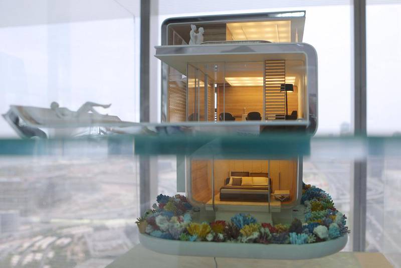 An architectural model of the Floating Seahorse home at the Kleindienst Group office in Dubai. So far, Josef Kleindienst, the chairman of Kleindienst Group, which is building the Floating Seahorses and the Heart of Europe, said his organisation has sold Floating Seahorses to both people who will use them and others who will rent them out as part of the planned hotels at the site. Kamran Jebreili / AP Photo
