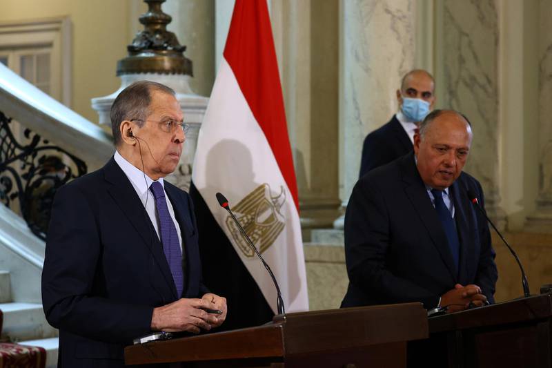 Egyptian Foreign Minister Sameh Shoukry and Russian Foreign Minister Sergei Lavrov attend a news conference following their meeting in Cairo, Egypt April 12, 2021. Russian Foreign Ministry/Handout via REUTERS ATTENTION EDITORS - THIS IMAGE WAS PROVIDED BY A THIRD PARTY. NO RESALES. NO ARCHIVES. MANDATORY CREDIT.