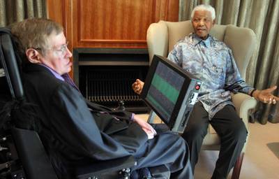 South Africa's former President Nelson Mandela, right, meets with British scientist Professor Stephen Hawking in Johannesburg. Denis Farrell / AFP