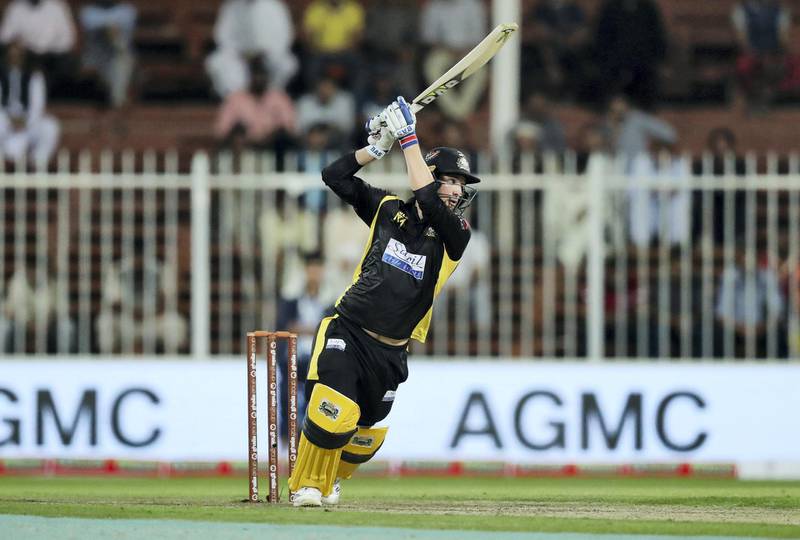 Sharjah, United Arab Emirates - November 22, 2018: Knights' Wayne Parnell bats during the game between Kerala Knights and Sindhis in the T10 league. Thursday the 22nd of November 2018 at Sharjah cricket stadium, Sharjah. Chris Whiteoak / The National
