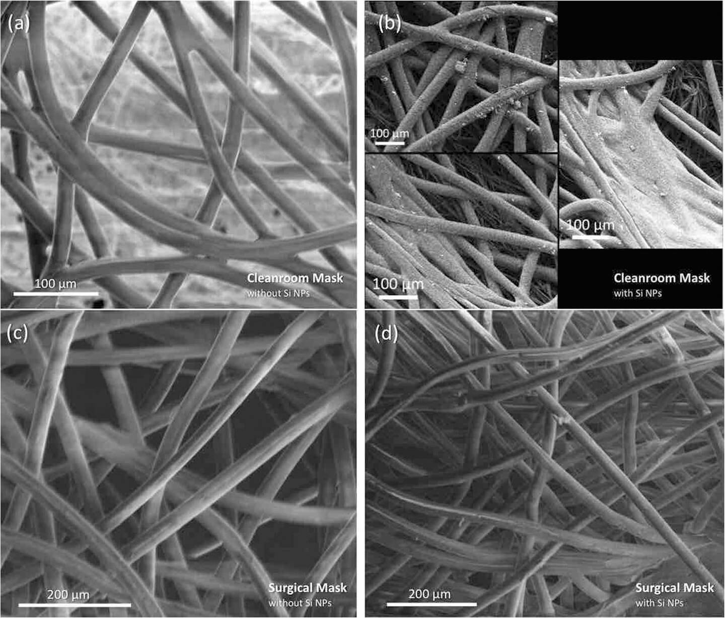 Fig. 4 Scanning electron microscope image of the (a-b) cleanroom and (c-d) surgical mask with and without Si nano particles. Photo: Ayman Rezk