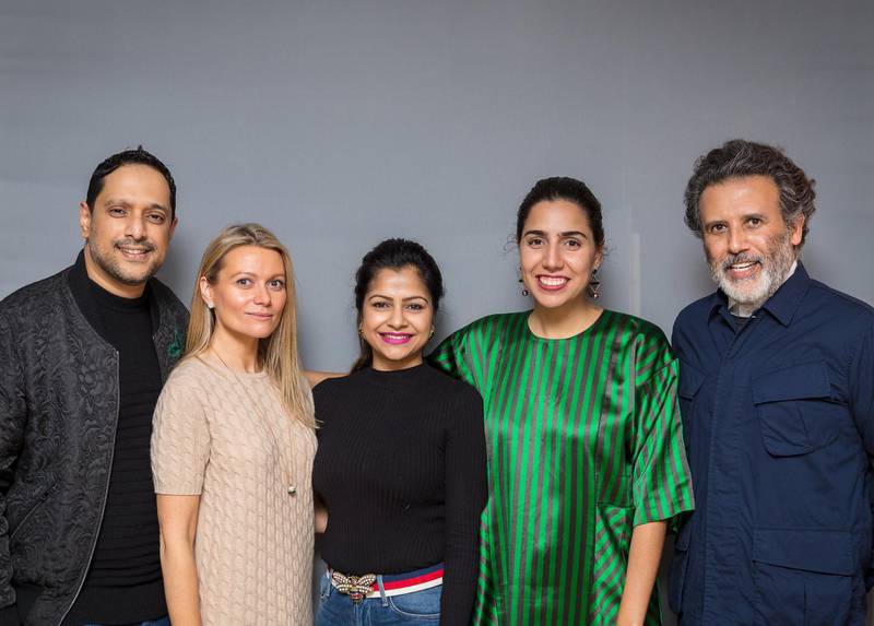 From left, Rajeeb Samdani, Vilma Jurkute, director of Alserkal Avenue, Nadia Samdani, Diana Campbell Betancourt, Abdelmonem Bin Eisa Alserkal. Courtesy Dan Weill