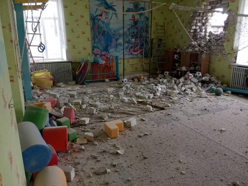 An interior view shows a kindergarten, which according to Ukraine's military officials was damaged by shelling, in Stanytsia Luhanska in the Luhansk region, Ukraine. Reuters
