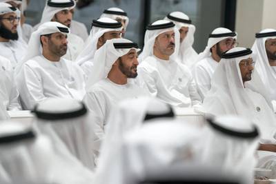 ABU DHABI, UNITED ARAB EMIRATES - May 23, 2018: HH Sheikh Mohamed bin Zayed Al Nahyan, Crown Prince of Abu Dhabi and Deputy Supreme Commander of the UAE Armed Forces (C) attends a lecture by Angela Duckworth (not shown), titled ‘True Grit: The Surprising, and Inspiring Science of Success’, at Majlis Mohamed bin Zayed. Seen with HH Sheikh Fahim bin Sultan Al Qasimi (R).
 ( Mohamed Al Hammadi / Crown Prince Court - Abu Dhabi )
---