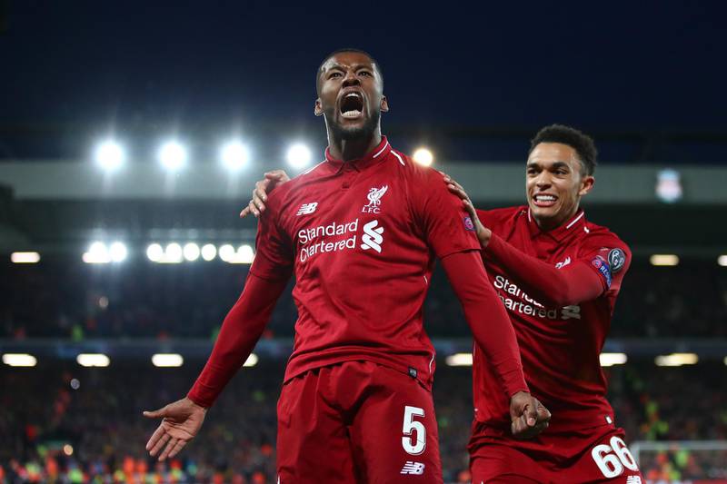 LIVERPOOL, ENGLAND - MAY 07:  Georginio Wijnaldum of Liverpool celebrates after scoring his team's third goal during the UEFA Champions League Semi Final second leg match between Liverpool and Barcelona at Anfield on May 07, 2019 in Liverpool, England. (Photo by Clive Brunskill/Getty Images)