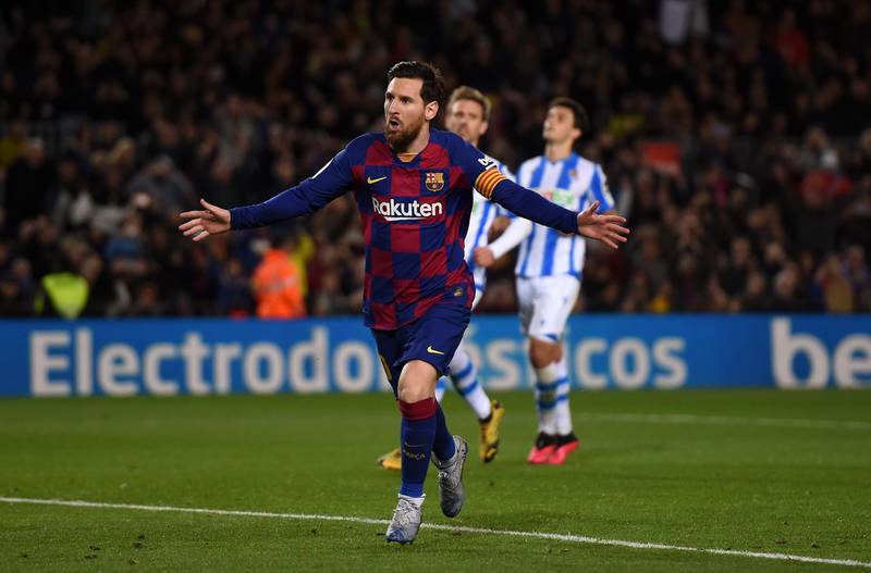 Lionel Messi celebrates after scoring against Real Sociedad. Getty Images