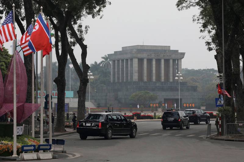 The motorcade carrying US President Donald Trump drives past Ho Chi Minh Mausoleum in Hanoi, Vietnam. AP Photo