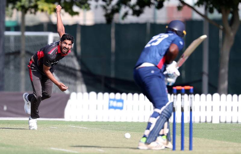 DUBAI, UNITED ARAB EMIRATES , Dec 12– 2019 :- Junaid Siddique of UAE bowling during the World Cup League 2 cricket match between UAE vs USA held at ICC academy in Dubai. ( Pawan Singh / The National )  For Sports. Story by Paul