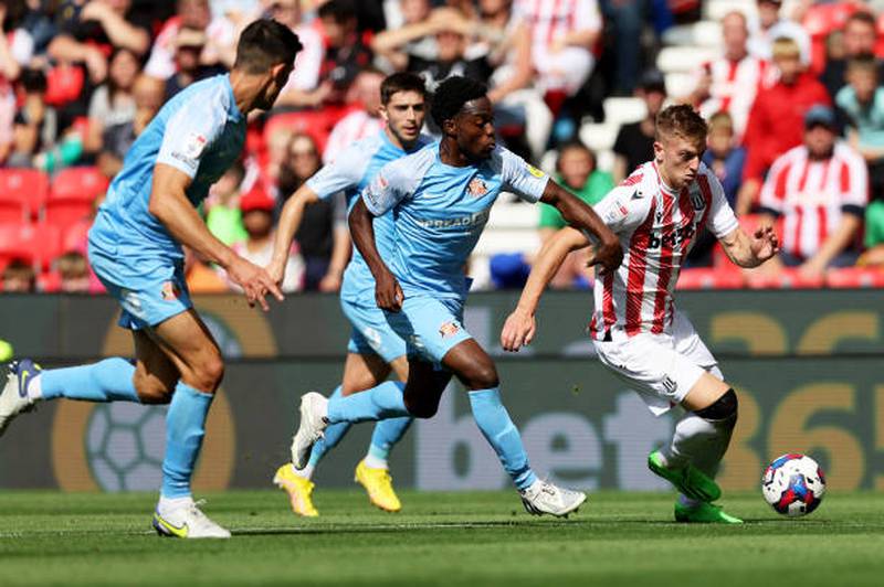 Liam Delap of Stoke City breaks away from Jay Matete of Sunderland in the Sky Bet Championship game at Bet365 Stadium on August 20, 2022. Getty 