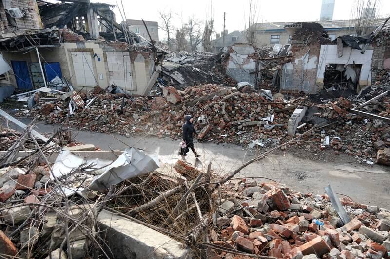 Destroyed buildings 32km west of the front lines in Donetsk in January. Getty Images