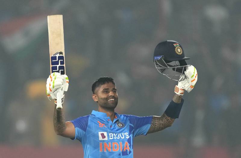 India's Suryakumar Yadav celebrates after scoring a century. AP