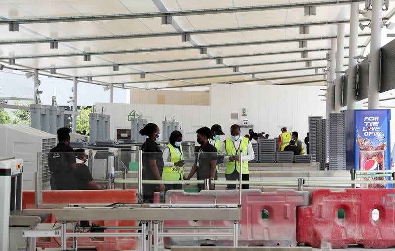 Security gates installed at the Expo 2020 site in Dubai ahead of the October 1 opening. Pawan Singh / The National