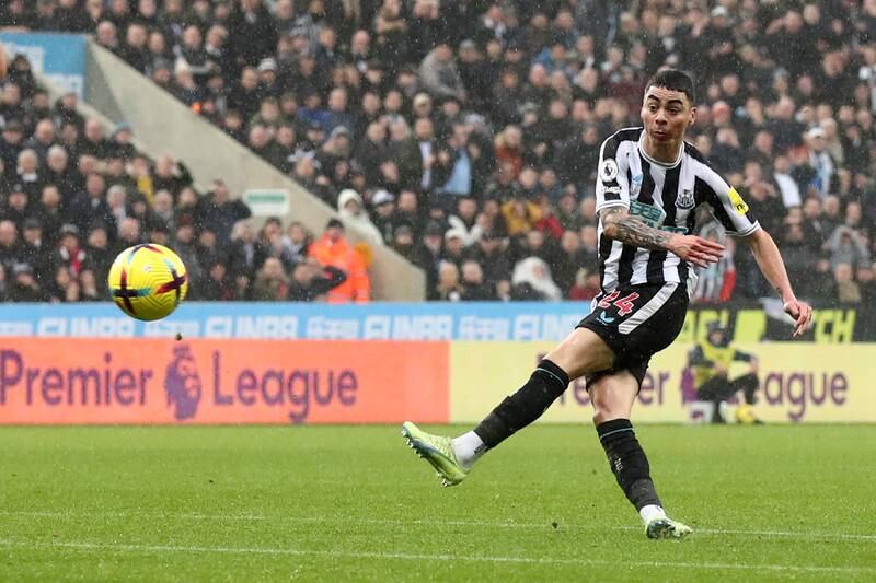 Miguel Almiron shoots wide in the first half for Newcastle. Getty
