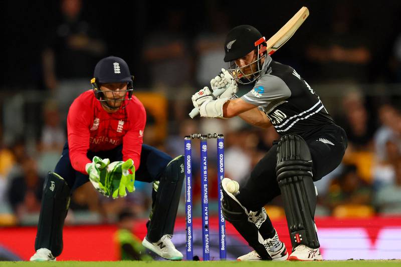 Kane Williamson plays a shot watched by England wicketkeeper Jos Buttler. AFP