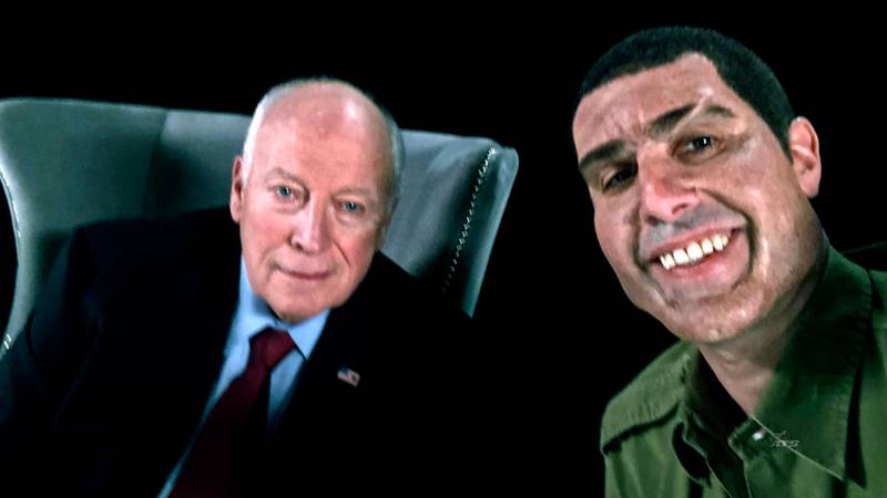 This image released by Showtime shows former Vice President Dick Cheney, left, and actor Sacha Baron Cohen, portraying retired Israeli Colonel Erran Morad in a still from "Who Is America?"  (Showtime via AP)