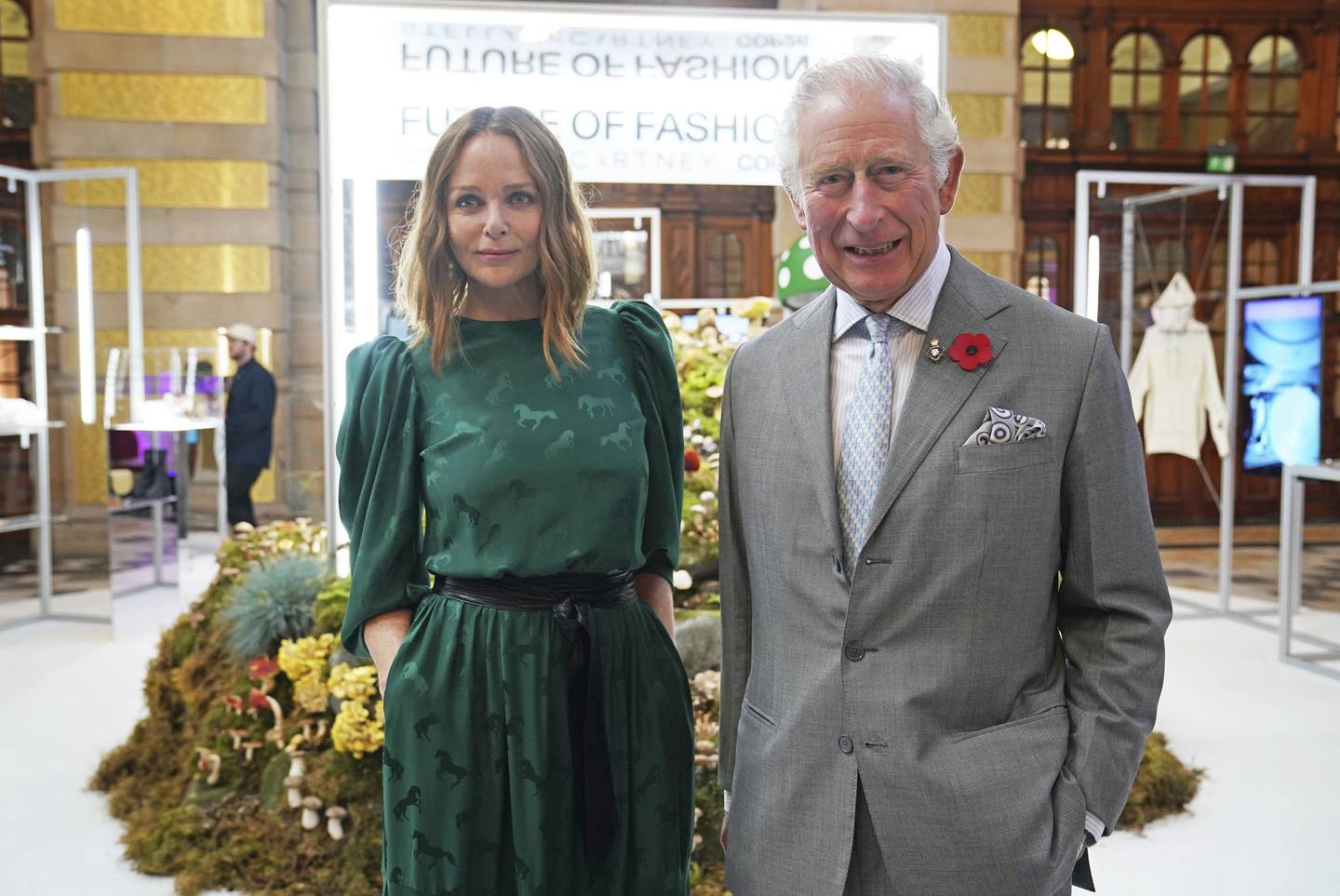 Stella McCartney with Britain's Prince Charles at the Cop26 summit last month, where the designer called for a ban on the use of fur and leather. AP