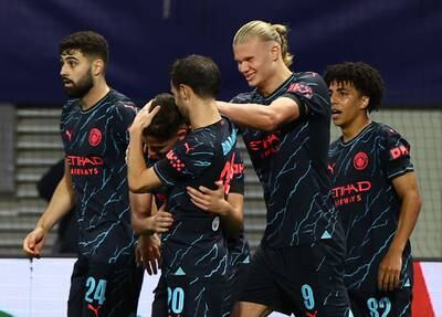 Manchester City's Julian Alvarez celebrates scoring their second goal with Erling Haaland, Bernardo Silva, Josko Gvardiol and Rico Lewis. Reuters