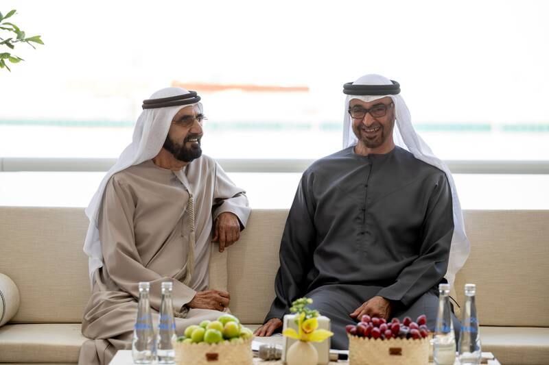 President Sheikh Mohamed met Sheikh Mohammed bin Rashid, Vice President and Ruler of Dubai at Qasr Al Bahr Palace on Tuesday. All photos: Presidential Court