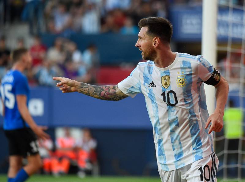 Argentina forward Lionel Messi celebrates after scoring his team's second goal. AFP