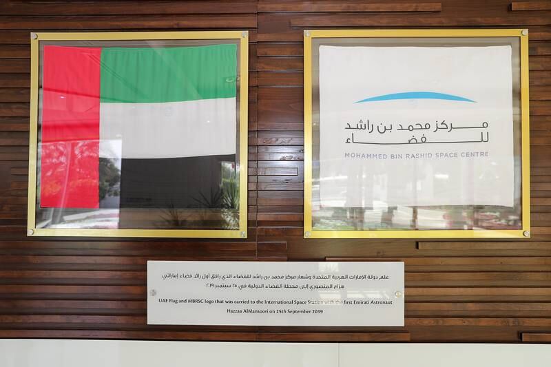 The UAE and MBRSC flags that were carried to the International Space Station with the first Emirati astronaut, Hazza Al Mansoori, in 2019.