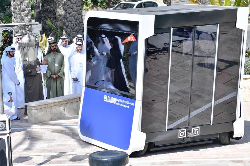 Government of Dubai Media Office – 13 February 2018: Vice President and Prime Minister of the UAE and Ruler of Dubai His Highness Sheikh Mohammed bin Rashid Al Maktoum, attended initial tests of the world’s first autonomous pods. The project is developed by The Roads and Transport Authority (RTA), in cooperation with Next Future Transportation. The project is part of RTA’s efforts under Dubai Future Accelerators initiatives. Wam