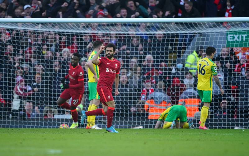 Liverpool's Mohamed Salah after scoring at Anfield on Saturday. PA