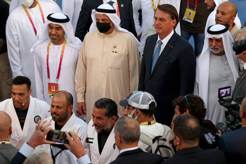 Sheikh Nahyan and Mr Bolsonaro join participants at the Brazil pavilion. AFP