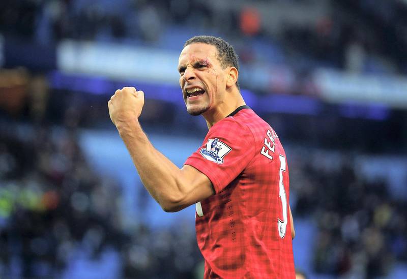 MANCHESTER, ENGLAND - DECEMBER 09:  Rio Ferdinand of Manchester United celebrates at the end of the Barclays Premier League match between Manchester City and Manchester United at Etihad Stadium on December 9, 2012 in Manchester, England.  (Photo by Clive Mason/Getty Images)
