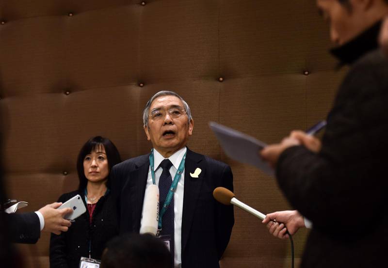 Governor of the Bank of Japan, Haruhiko Kuroda speaks to journalists during the G20 finance ministers meeting in the Saudi capital Riyadh, on February 22, 2020. Finance ministers and central bank governors from G20 nations meet in the Saudi capital today for a two-day gathering to discuss the global economy and the risks from the coronavirus epidemic. / AFP / FAYEZ NURELDINE
