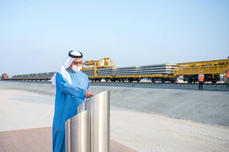 *** GENERAL CAPTION ***ALDHAFRA - RUWIAS, UNITED ARAB EMIRATES -January 06, 2021: HH Sheikh Hamdan bin Zayed Al Nahyan, Ruler’s Representative in Al Dhafra Region (), attends Etihad Rails project at Ruwais.( Rashed Al Mansoori / Ministry of Presidential Affairs )---