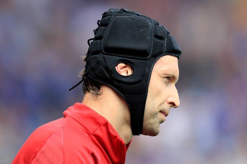 CARDIFF, WALES - SEPTEMBER 02: Petr Cech of Arsenal wearing a protective skull cap during the Premier League match between Cardiff City and Arsenal FC at Cardiff City Stadium on September 2, 2018 in Cardiff, United Kingdom. (Photo by Marc Atkins/Getty Images)