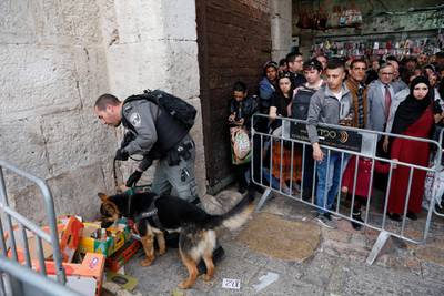 epa06612820 Palestinians stand behind a police barricade as an Israeli police dog sniffs at the Damascus Gate near the attack site in the Old City of Jerusalem, in Jerusalem, 18 March 2018. The media reports that a Palestinian stabbed an Israeli man and severely wounded him. The attacker was shot dead by an Israeli policeman.  EPA/ABIR SULTAN