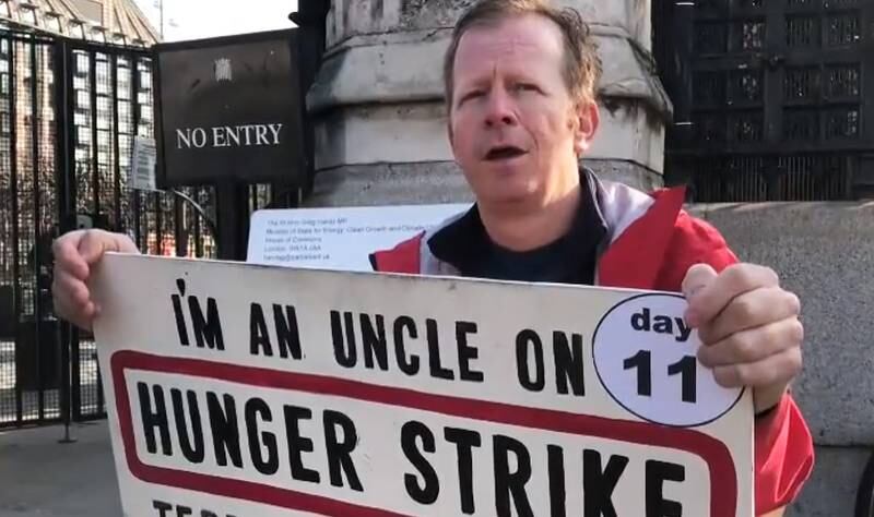 Angus Rose is on hunger strike outside the Houses of Parliament in Westminster. Photo: Angus Rose / Twitter