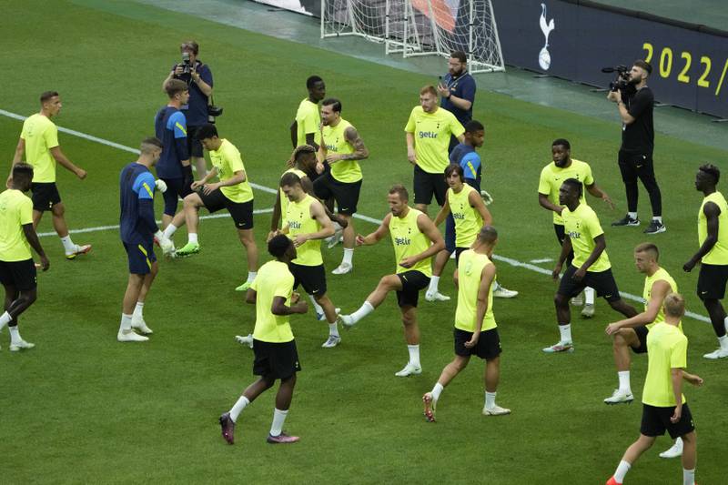Tottenham's players warm up during a training session ahead of the exhibition match against Team K-league at Seoul World Cup Stadium in South Korea. AP Photo