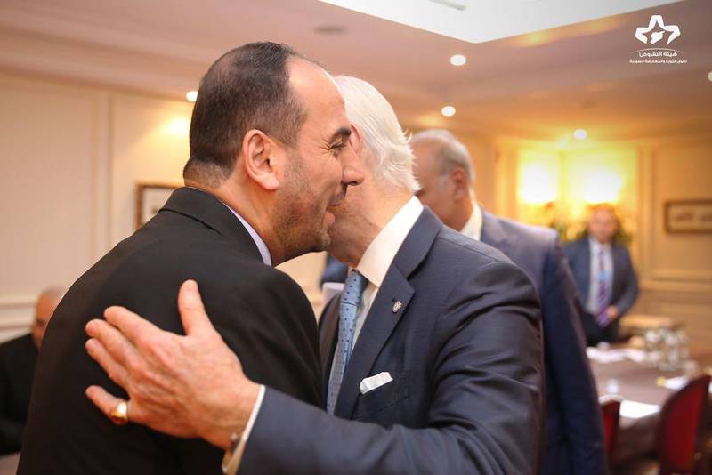 Nasr Al Hariri, head of the Saudi-backed High Negotiations Committee and the unified Syrian opposition delegation to UN-brokered peace talks, (left) meets UN special envoy Staffan de Mistura in Geneva, Switzerland on November 28, 2017.