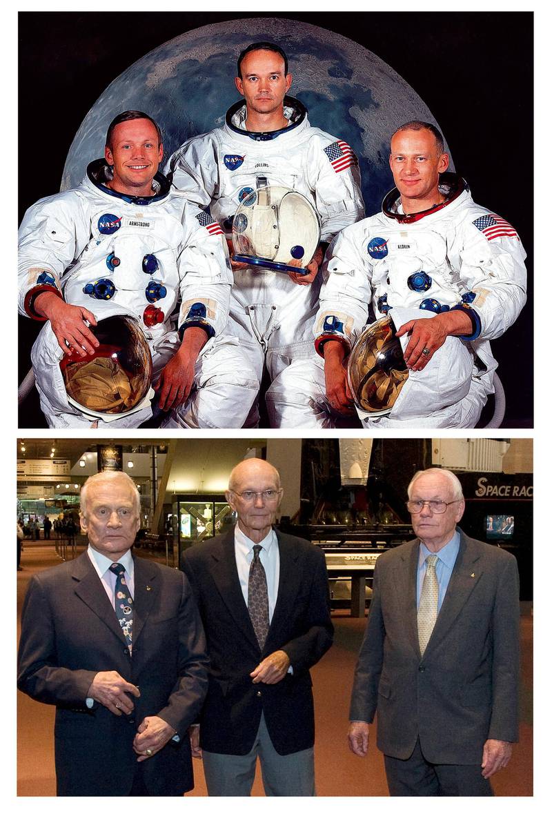These NASA handout images show at top the Apollo 11 lunar landing astronaut crew from left:  Neil A. Armstrong, Michael Collins, and Edwin E. "buzz" Aldrin Jr. At bottom from left are Edwin E. "Buzz" Aldrin, Michael Collins, Neil Armstrong on the eve of the 40th anniversary of Apollo 11's first human landing on the Moon at the National Air and Space Museum in Washington, on July 19, 2009.   AFP PHOTO / NASA     == RESTRICTED TO EDITORIAL USE / NO SALES == (Photo by NASA / AFP)