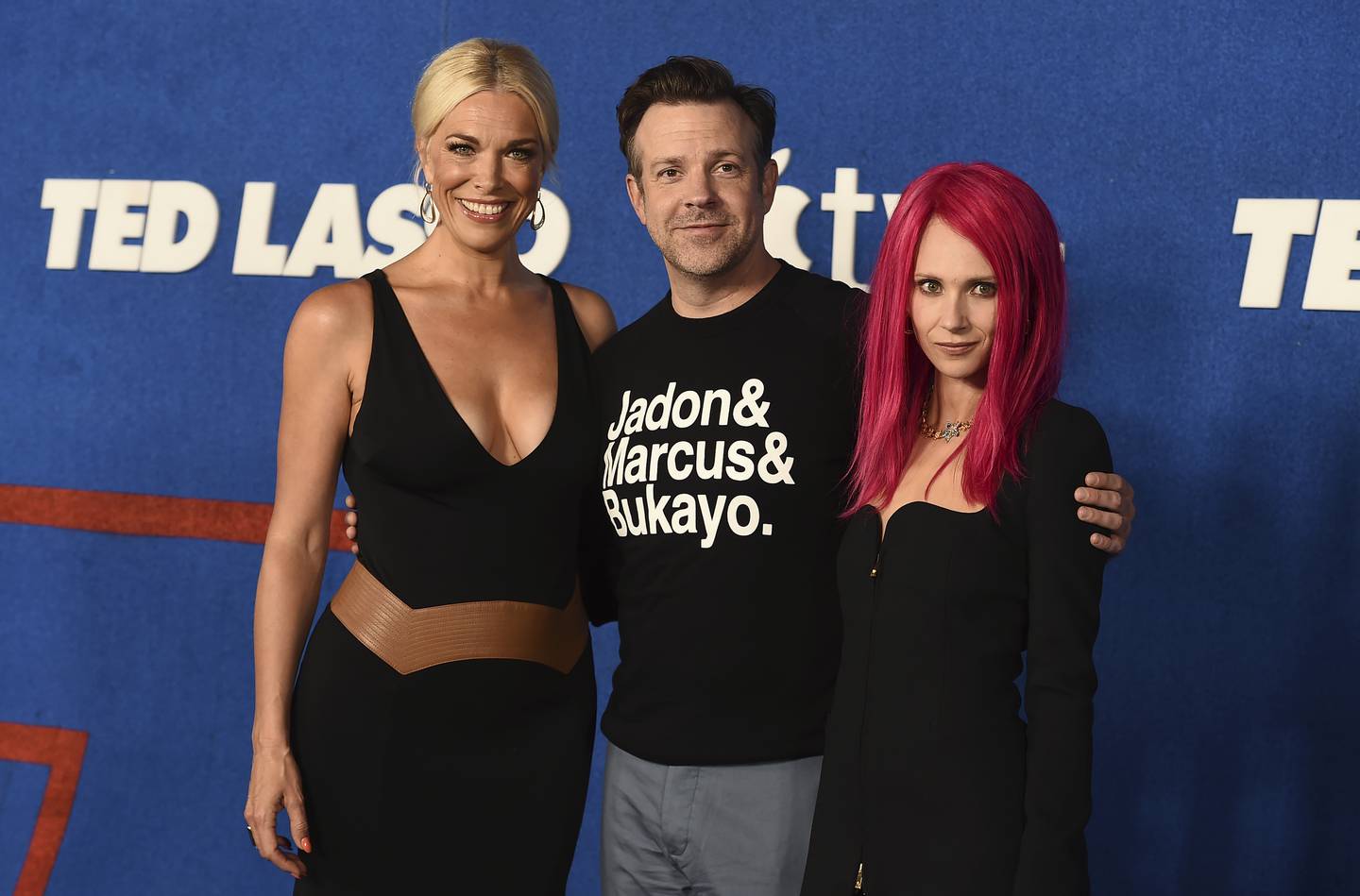 'Ted Lasso' stars, from left, Hannah Waddingham, Jason Sudeikis and Juno Temple, arrive at the premiere of the Apple TV+ show's second season, on Thursday, July 15, 2021. AP 